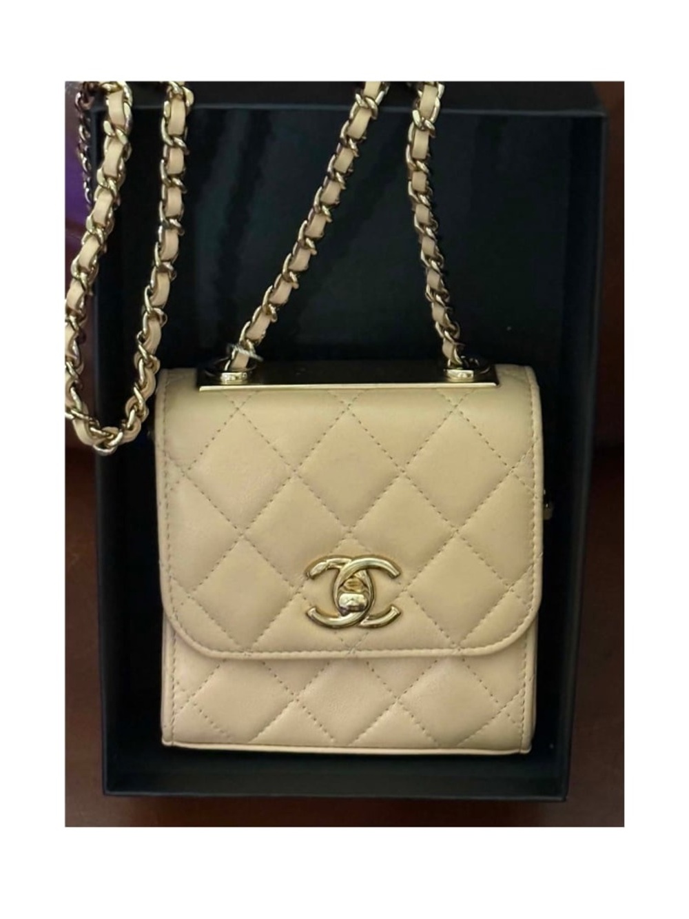 CHANEL Beige Quilted Lambskin Mini Chain Shoulder Bag with Gold CC